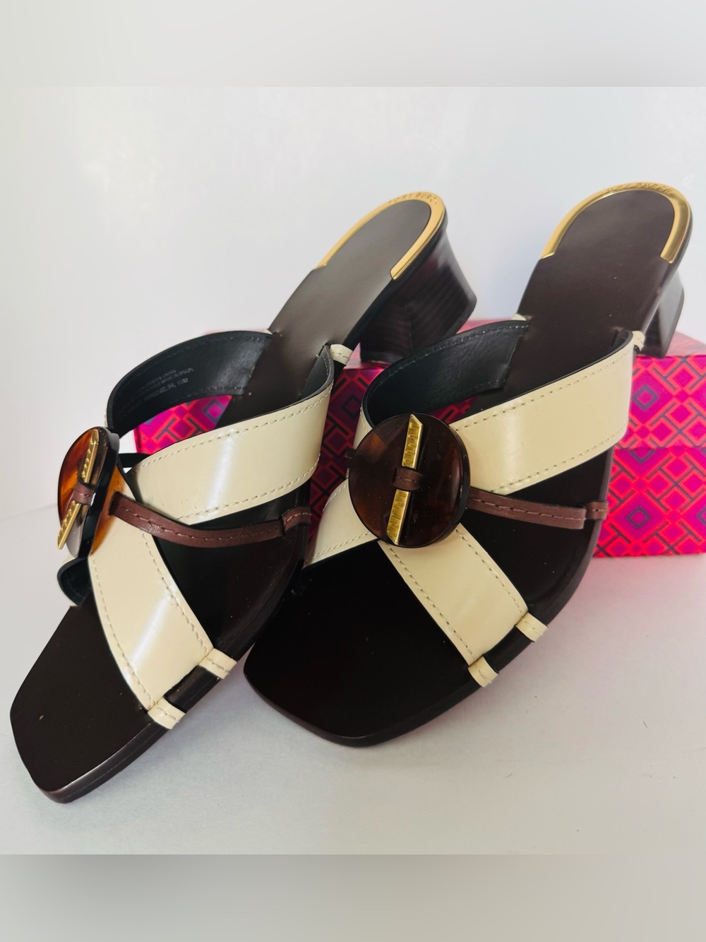 NWOT Tory Burch Artisanal Knotted Heeled Mules Cream Brown Tortoiseshell Size11 - Picture 3 of 5